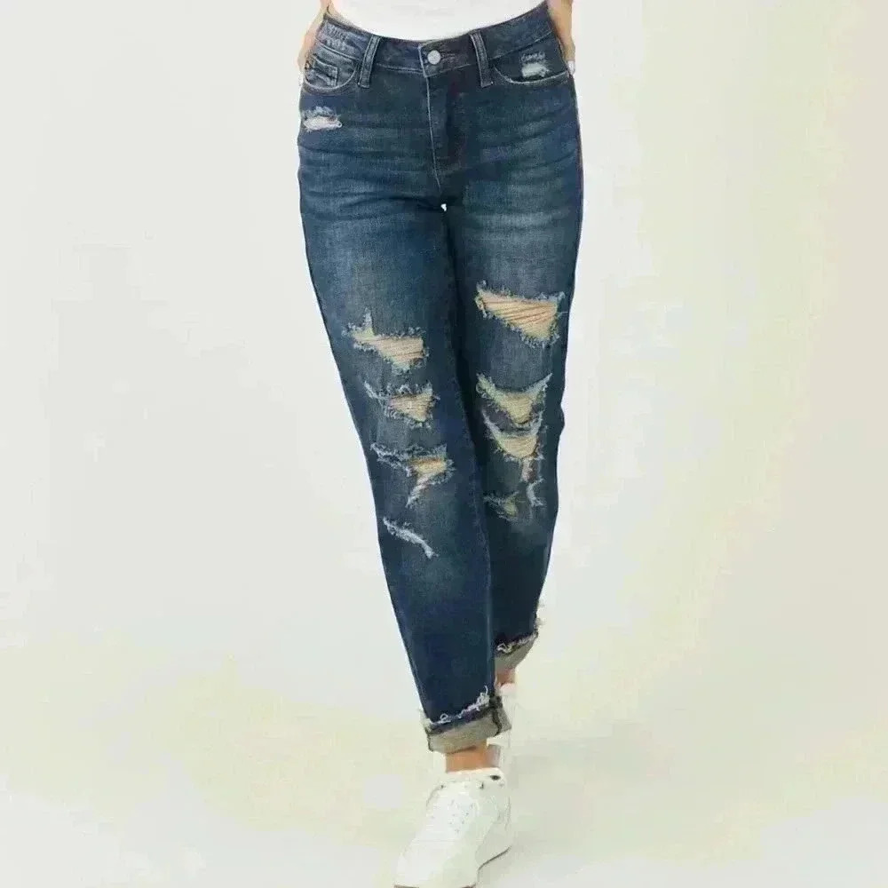Judy Blue Ripped Dark Denim Boyfriend Jeans